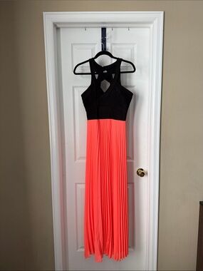 Crystal Doll Black & Coral Pleated Maxi Dress with Crossback Bodice
